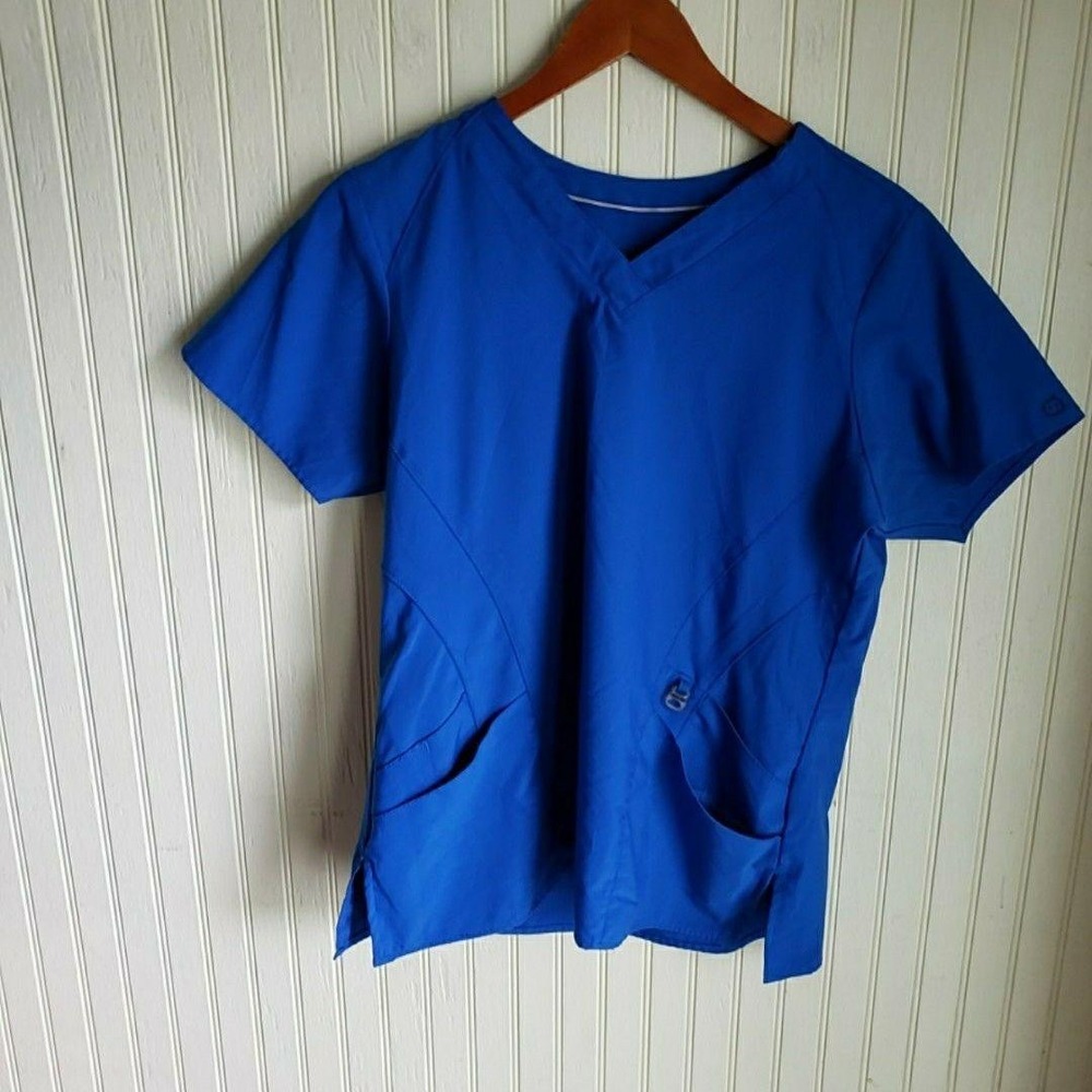 WonderWink Scrub Top Womens Medium Blue V Neck Short Sleeve Tunic Pockets